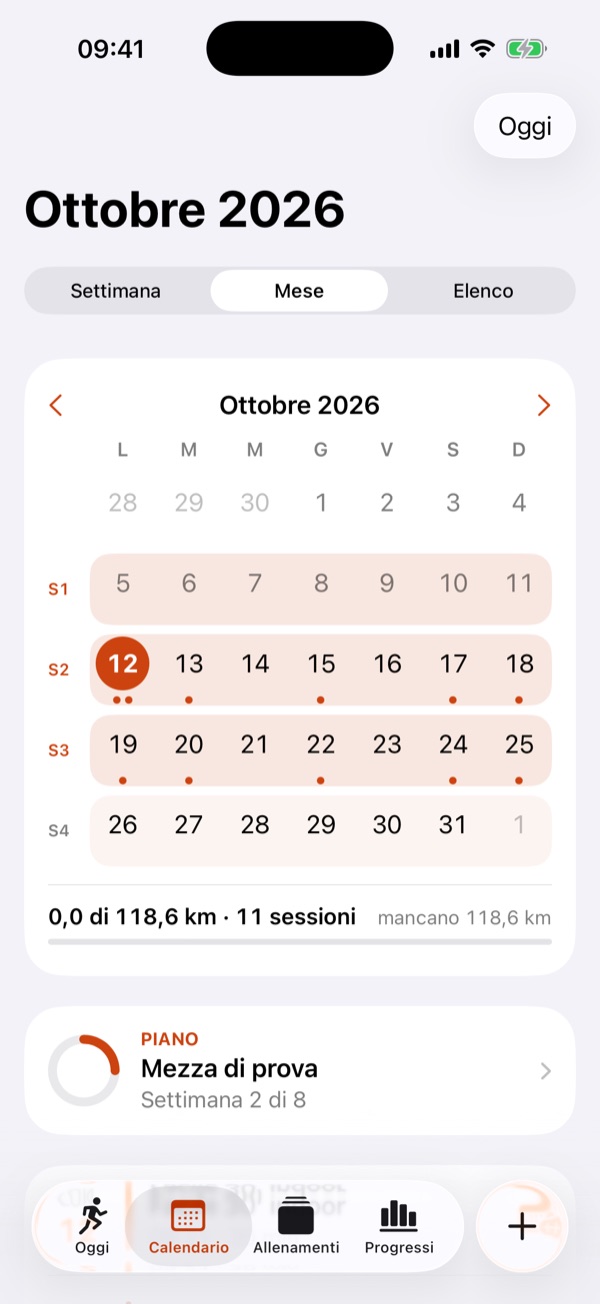 Il calendario di ottobre con le settimane del piano numerate e una sessione quasi ogni giorno