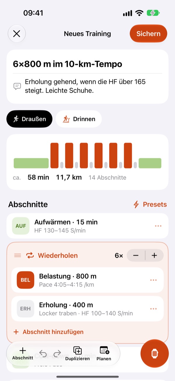 Der Editor von Unskipped mit dem 6×800 m: Intensitätsprofil, 58 Minuten, 11,7 km, 14 Abschnitte und der Block Wiederholen mit 6 Durchgängen