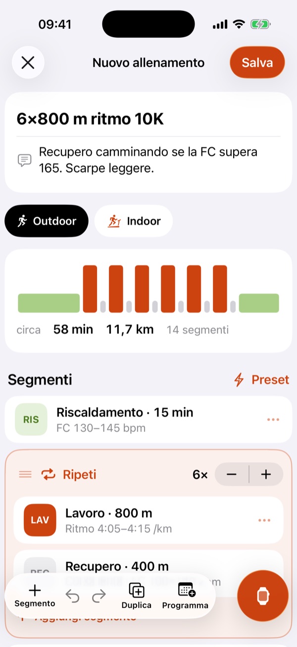 L'editor di Unskipped con il 6×800 m: profilo d'intensità, 58 minuti, 11,7 km, 14 segmenti e il blocco Ripeti 6 volte