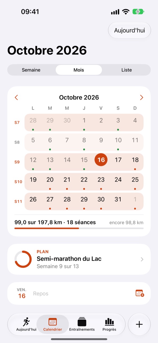 Le calendrier d’octobre avec les semaines du plan numérotées et une séance presque chaque jour