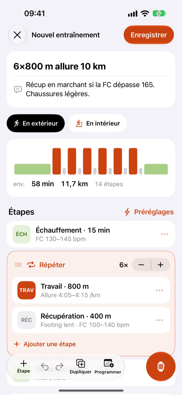 L’éditeur d’Unskipped avec le 6×800 m : profil d’intensité, 58 minutes, 11,7 km, 14 étapes et le bloc Répéter 6 fois