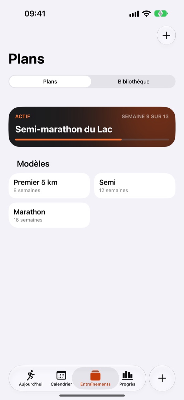 La liste des plans : le plan actif Semi-marathon du Lac et les modèles Premier 5 km, Semi et Marathon