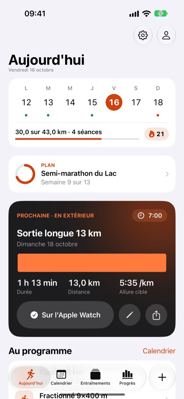 L’écran Aujourd’hui d’Unskipped : la semaine avec ses séances, le plan Semi-marathon du Lac en semaine 9 sur 13 et la prochaine sortie longue, déjà sur l’Apple Watch