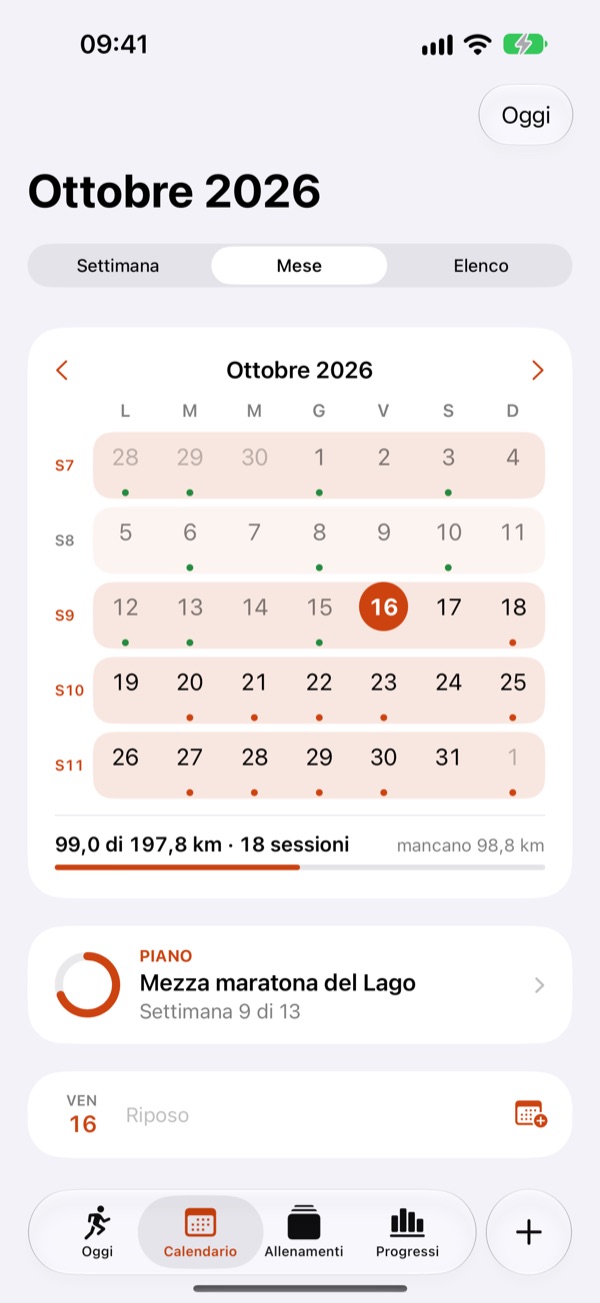 Il calendario di ottobre con le settimane del piano numerate e una sessione quasi ogni giorno
