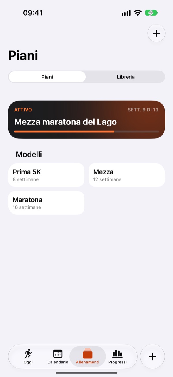 L'elenco dei piani: il piano attivo Mezza maratona del Lago e i modelli Prima 5K, Mezza e Maratona