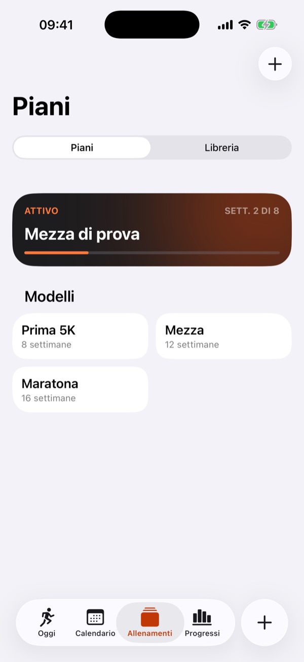 L'elenco dei piani: il piano attivo Mezza di prova e i modelli Prima 5K, Mezza e Maratona