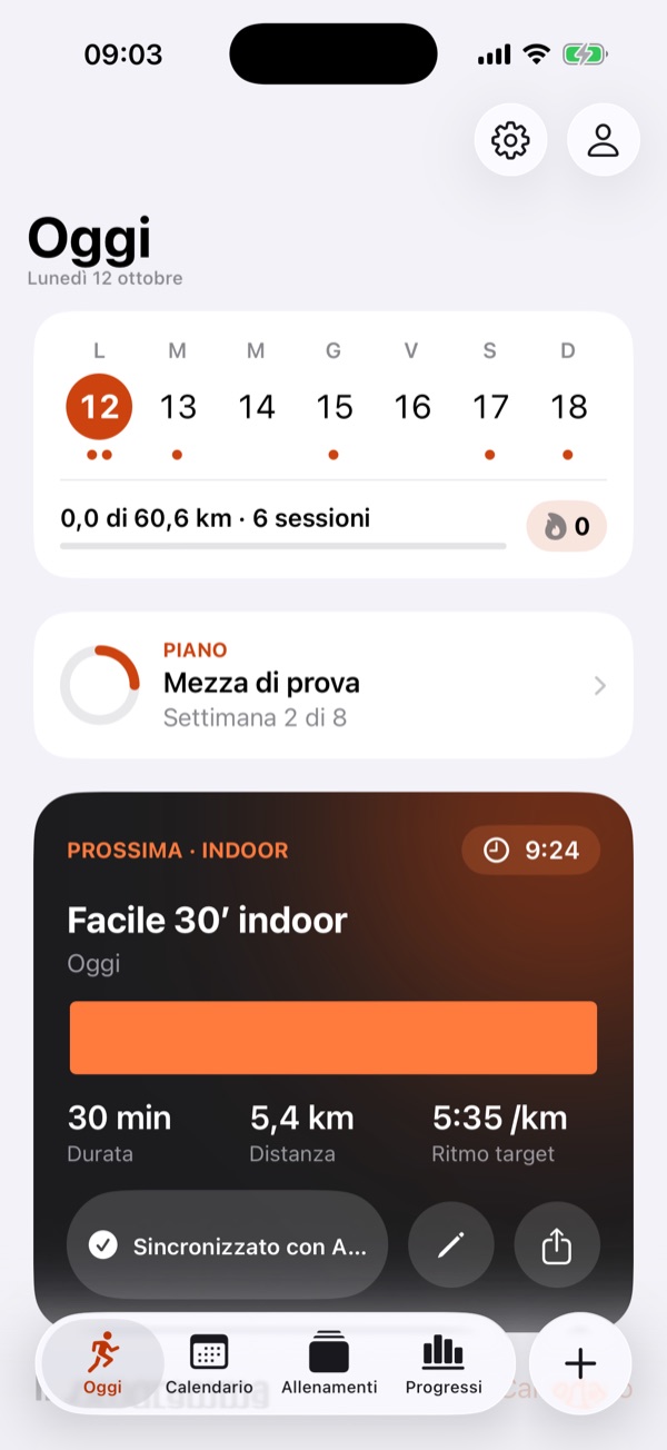 La schermata Oggi di Unskipped: la settimana con le sessioni, il piano Mezza di prova alla settimana 2 di 8 e la prossima sessione, già sincronizzata con Apple Watch